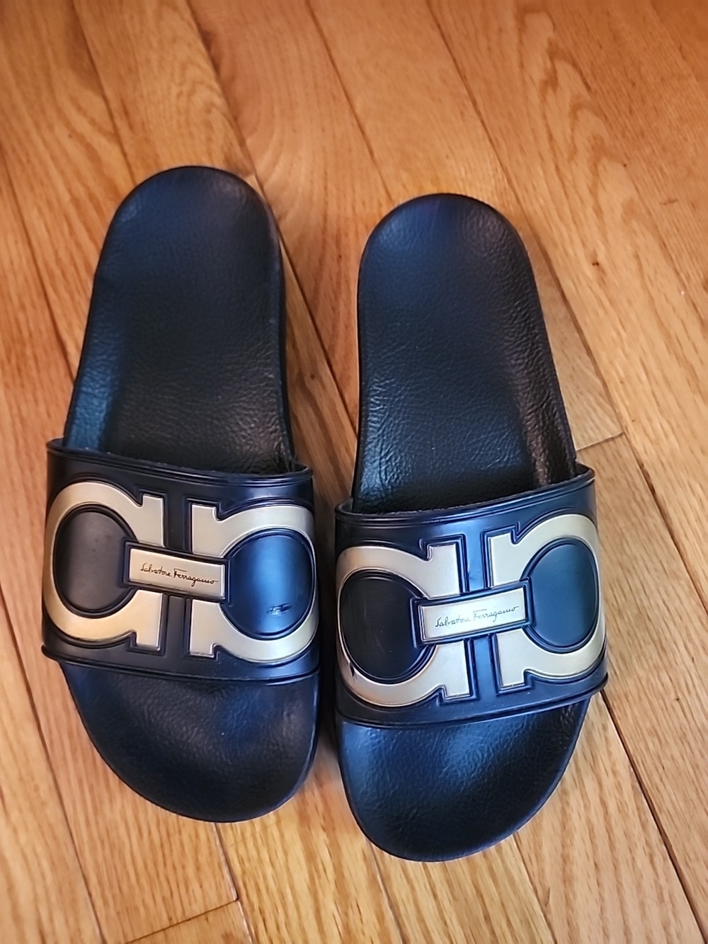 Salvatore Ferragamo Black  Gancini Slide Sandals with Gold Accents